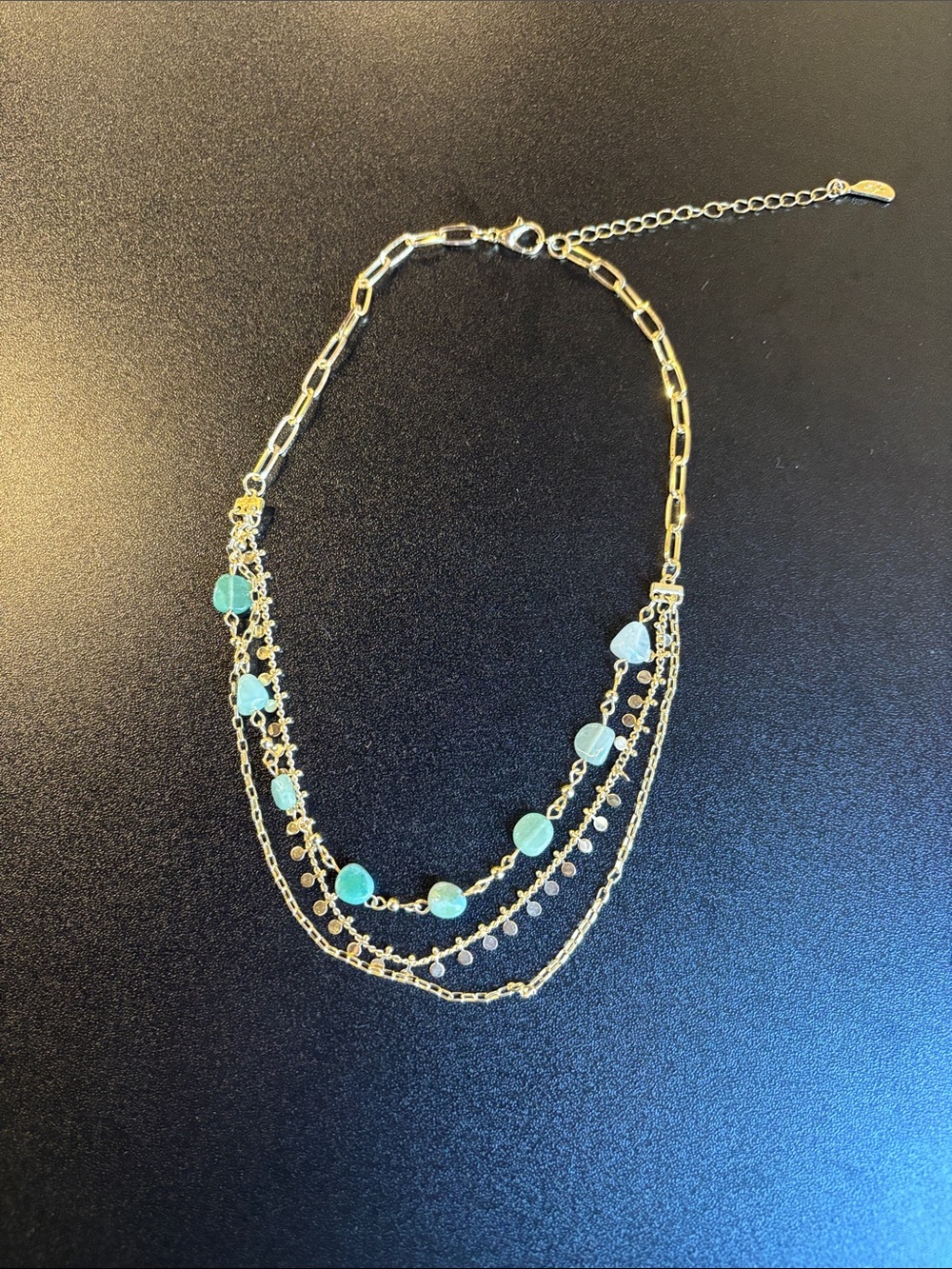 Gold Layered Necklace with Aqua Bead Accents - Women Jewelry